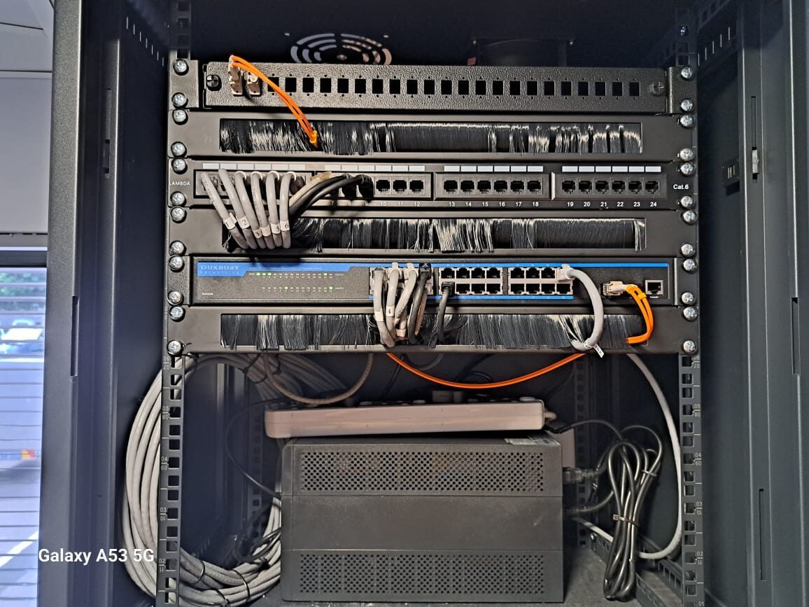 Structured cabling rack with patch panels and dressed copper